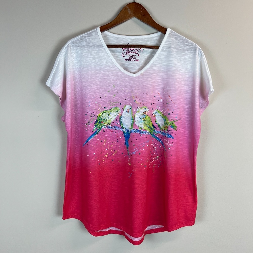 Leoma‎ Lovegrove Tunic Top Womens Petite XL Pink Ombre Parrot Graphic Rhinestone
